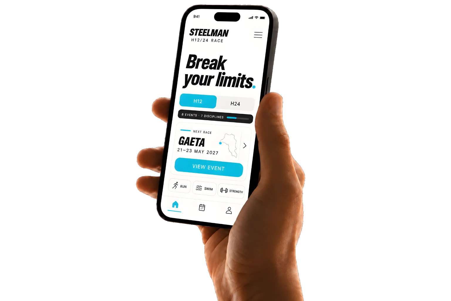 Hand holding a smartphone with the Steelman race app.